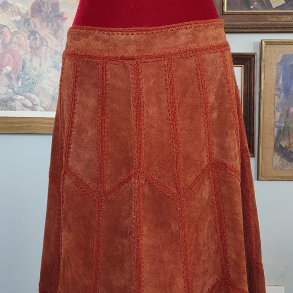 Suede Leather Patchwork Skirt Midi